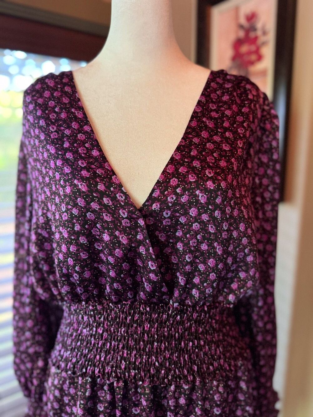 Leyden Smocked Waist Dress Mini Roses Magenta Women's XL Cottagcore Romantic